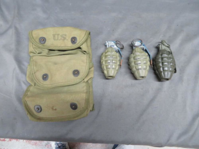 LOT OF 3 WWII US MK 2 STYLE DUMMY GRENADES W/ CARRIER