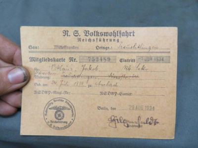 WWII GERMAN NSV SOCIAL WELFARE ORGANIZATION MEMBER DUES CARD-SCARCE-1934